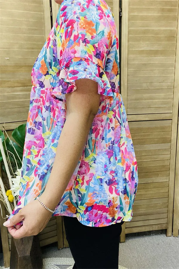 BQ15647 Colorful floral printed short sleeve w/ruffle baby-doll women blouse/tops