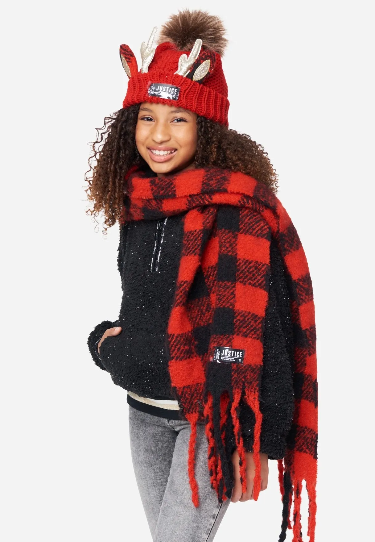 Buffalo Check Pom Pom Beanie Hat & Fringe Scarf