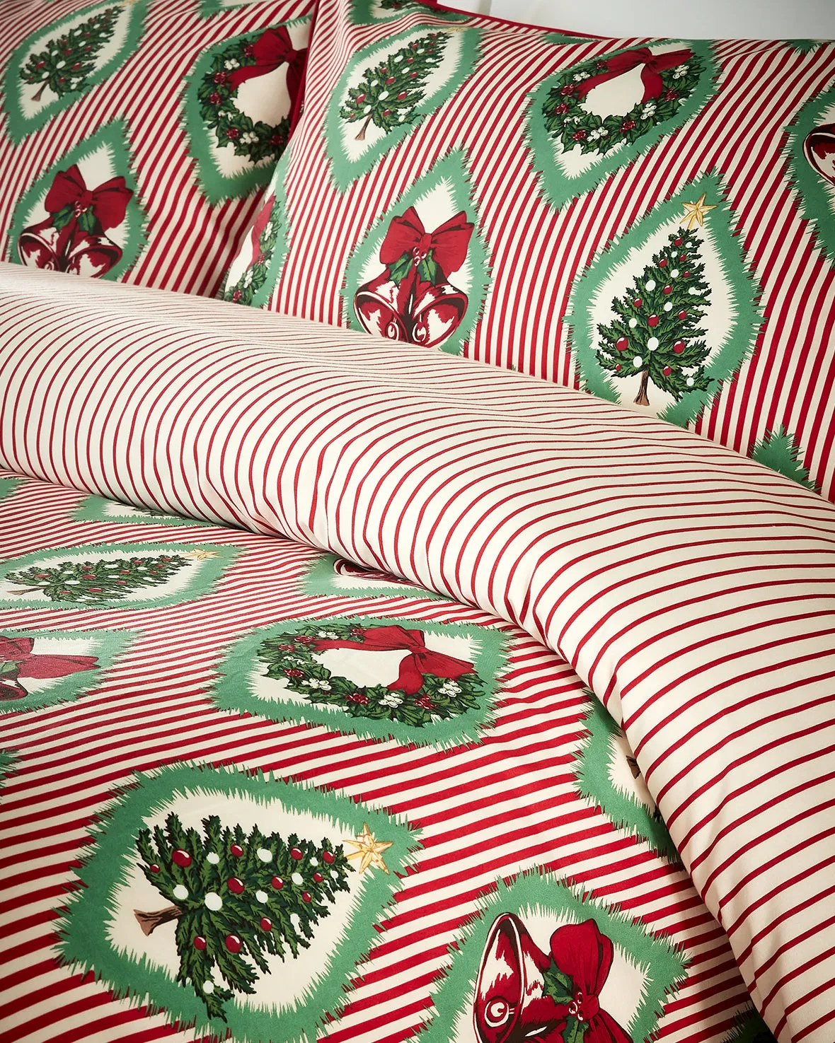 Cotton Christmas Vintage Tree & Wreath Print Bedding Set