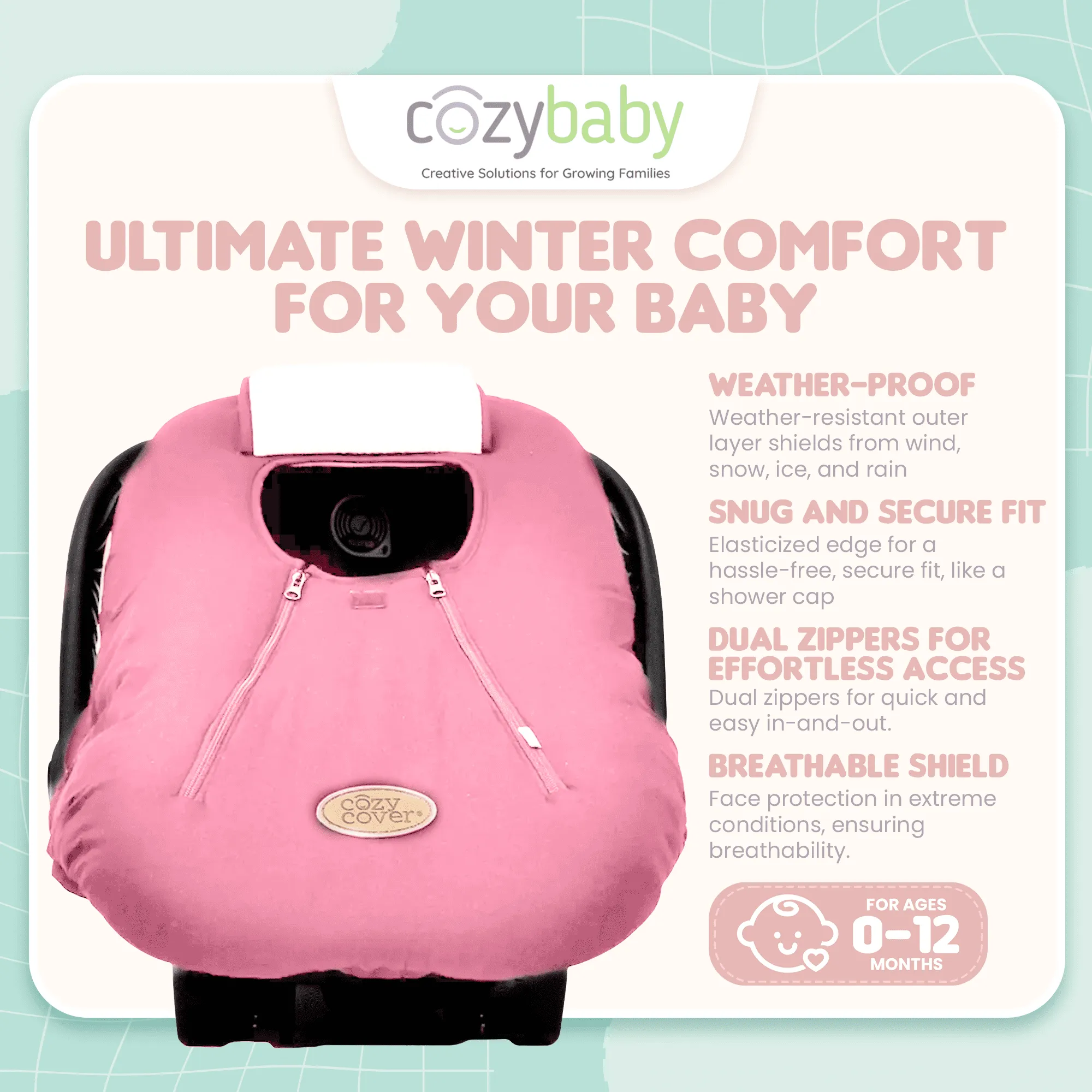 CozyBaby Original Car Seat Cover with Dual Zippers and Elastic Edge, Pink