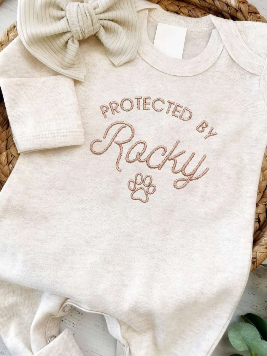 Custom Romper Onesies, Protected By Dog Name, Personalized Announcement, Baby Shower Gift, Newborn Gift