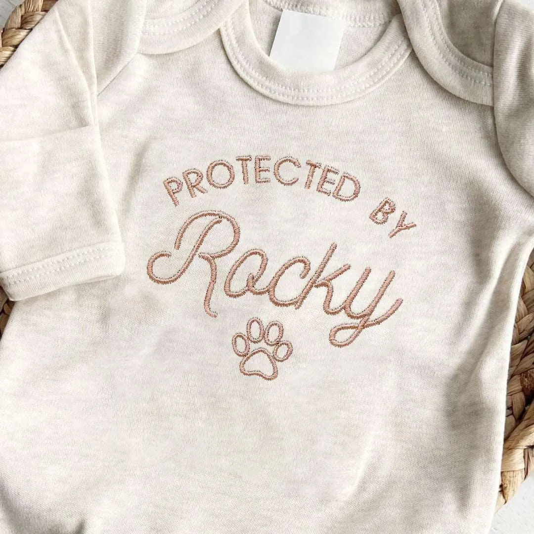 Custom Romper Onesies, Protected By Dog Name, Personalized Announcement, Baby Shower Gift, Newborn Gift