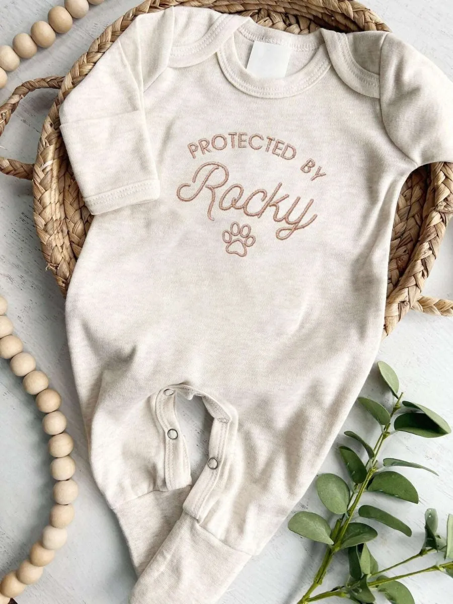 Custom Romper Onesies, Protected By Dog Name, Personalized Announcement, Baby Shower Gift, Newborn Gift