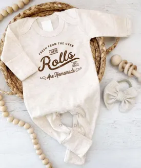 Cute Neutral Homemade Rolls Romper - Natural Baby Bodysuit for Thanksgiving