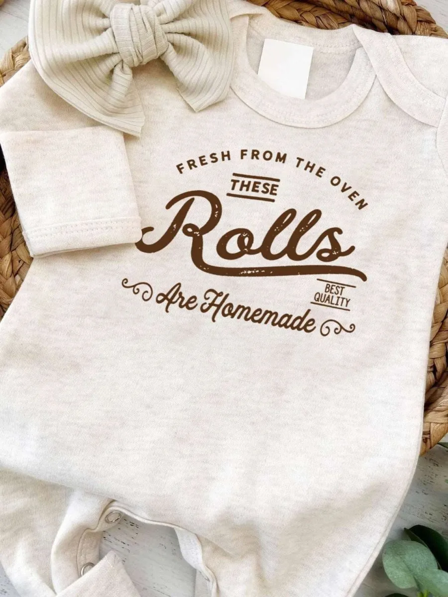 Cute Neutral Homemade Rolls Romper - Natural Baby Bodysuit for Thanksgiving