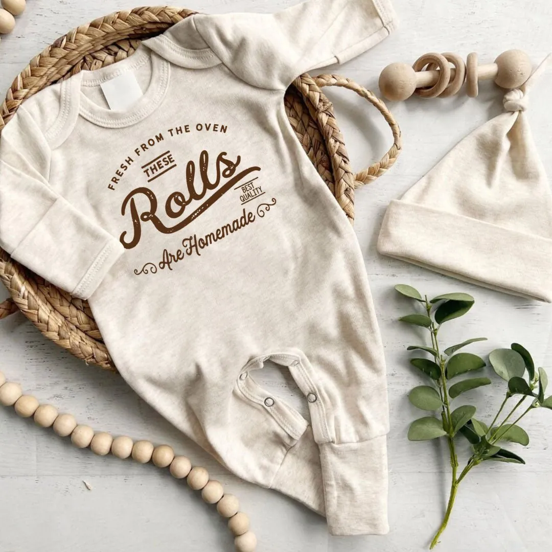 Cute Neutral Homemade Rolls Romper - Natural Baby Bodysuit for Thanksgiving