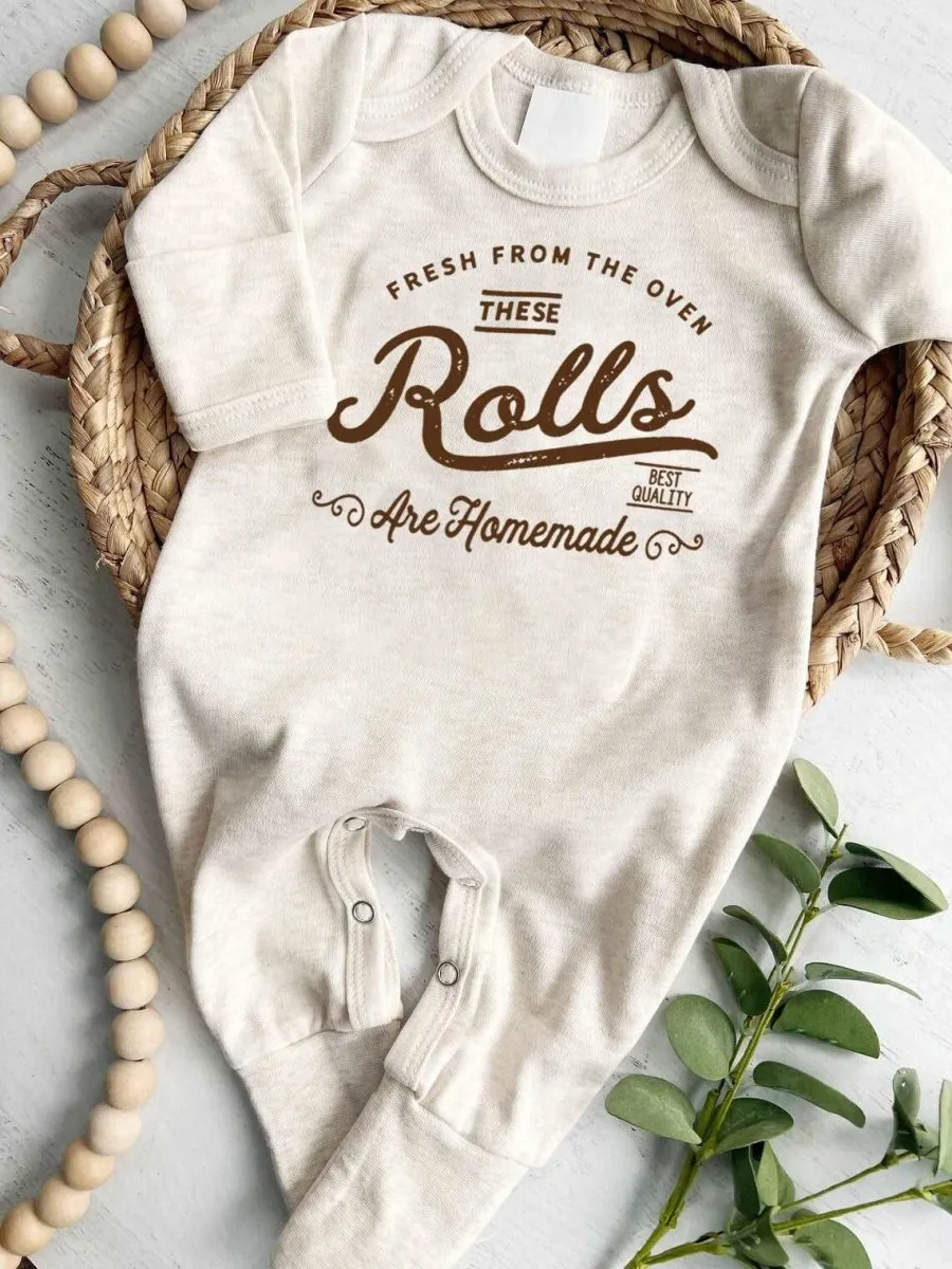 Cute Neutral Homemade Rolls Romper - Natural Baby Bodysuit for Thanksgiving