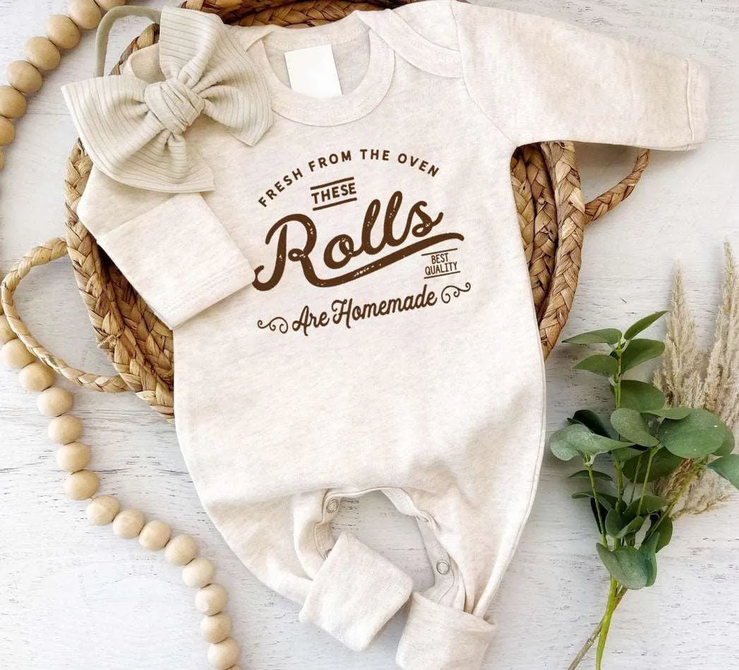 Cute Neutral Homemade Rolls Romper - Natural Baby Bodysuit for Thanksgiving