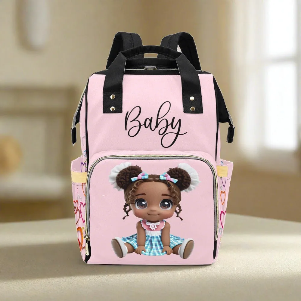 Designer Diaper Bag Backpack - African American Baby Girl Curly Locks