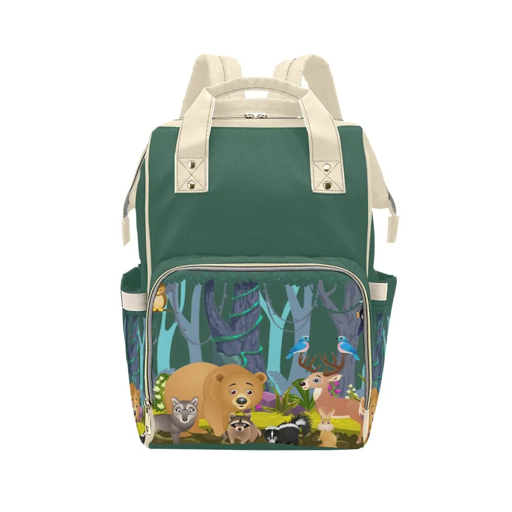 Designer Diaper Bags - Gender Neutral Forest Animals With Baby Name - Green - Waterproof Multi-Function Backpack