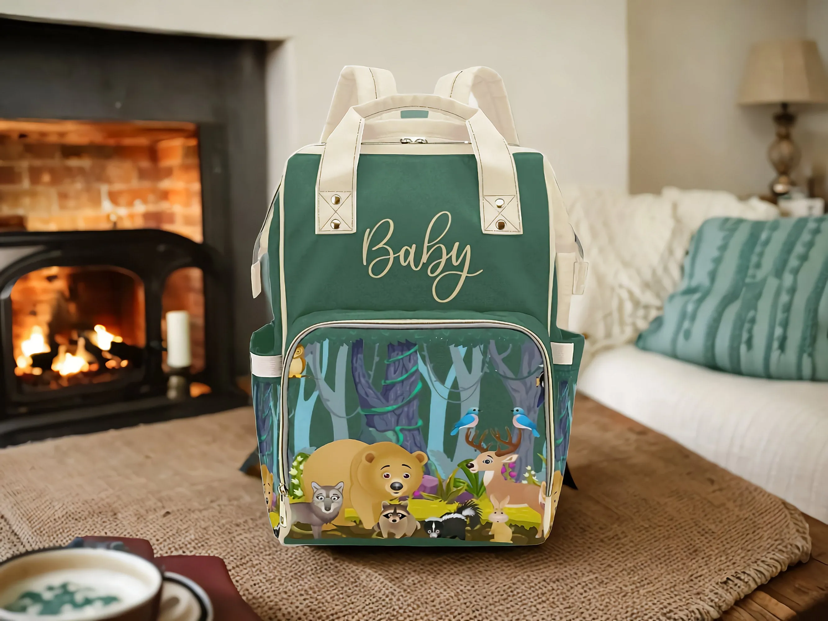 Designer Diaper Bags - Gender Neutral Forest Animals With Baby Name - Green - Waterproof Multi-Function Backpack