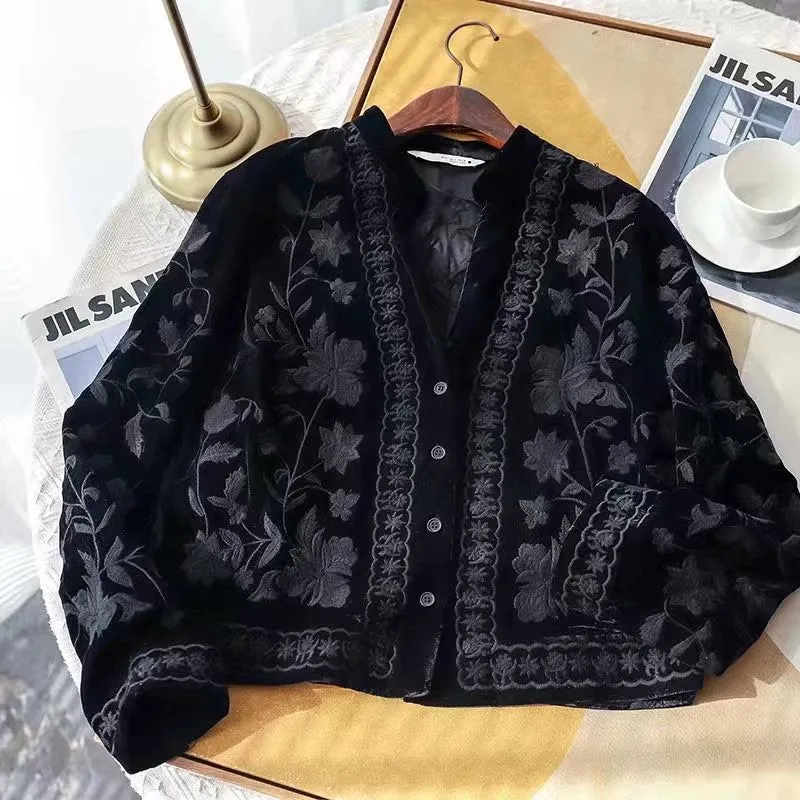 Embroidery Velvet Black Jacket Vintage Chic V-Neck Short Outwears Female Single Breasted 04786337800