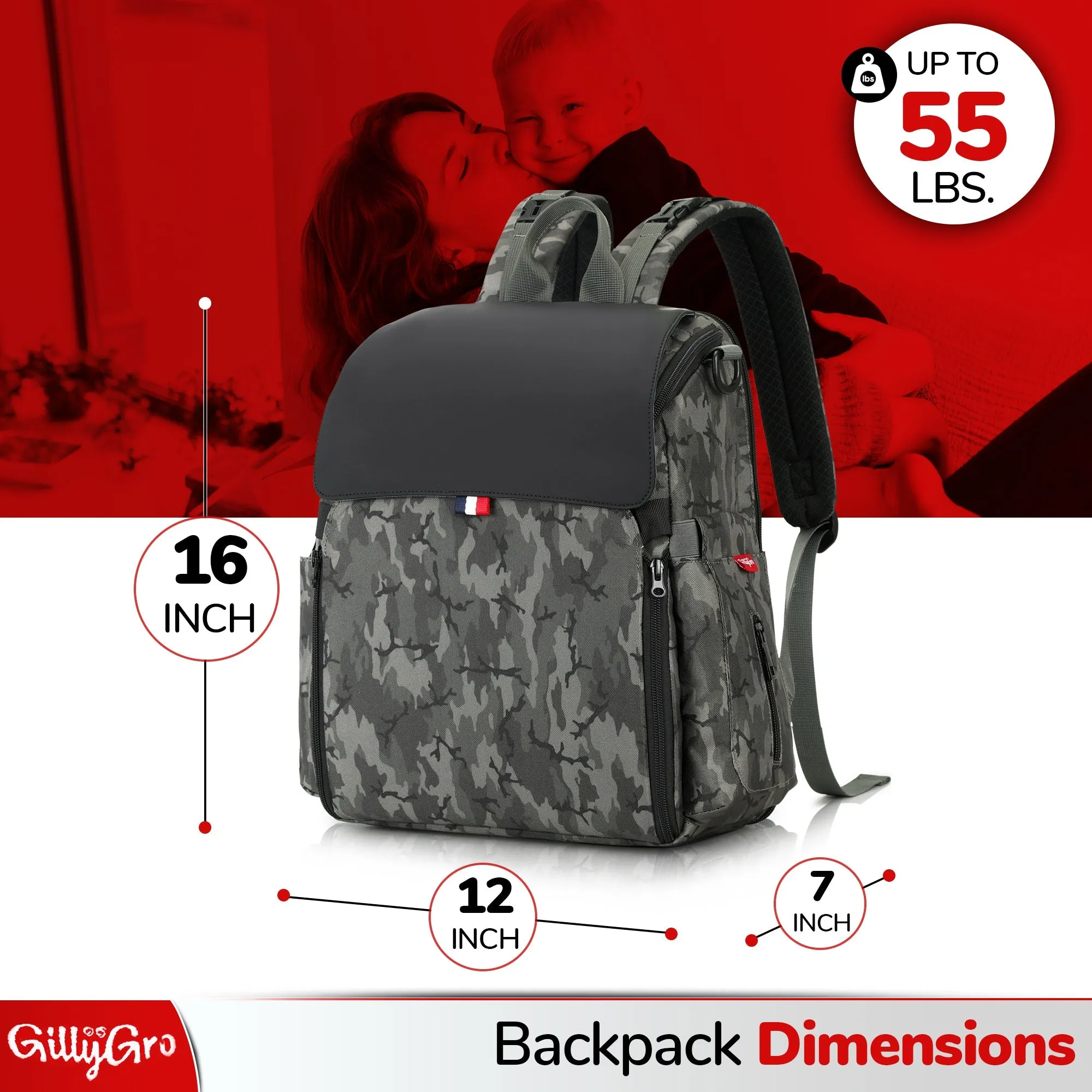 GillyGro Pro | 5-in-1 Multifunction Parent Backpack Set with Inbuilt Booster and 13" Laptop Pocket | Gray