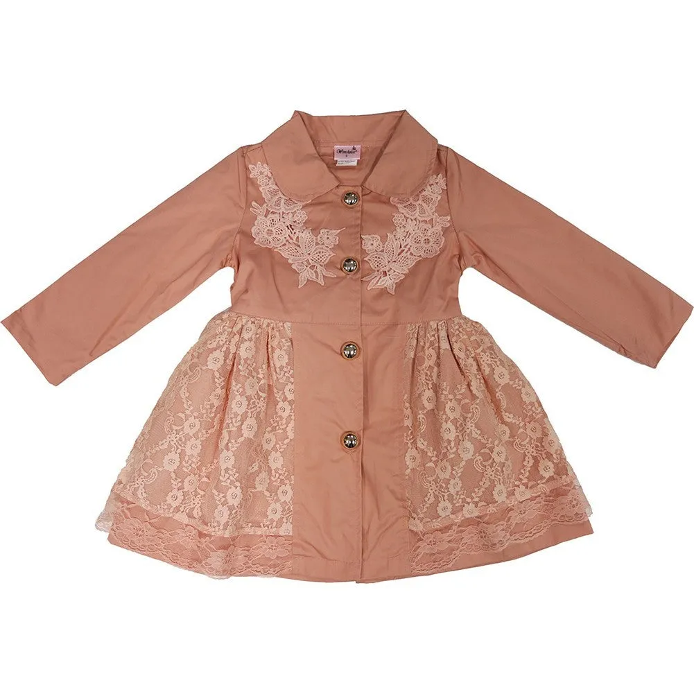 Girls Pink Lace Wind-Resistant Long Sleeved Coat S (9-24M)-XL (6-8)