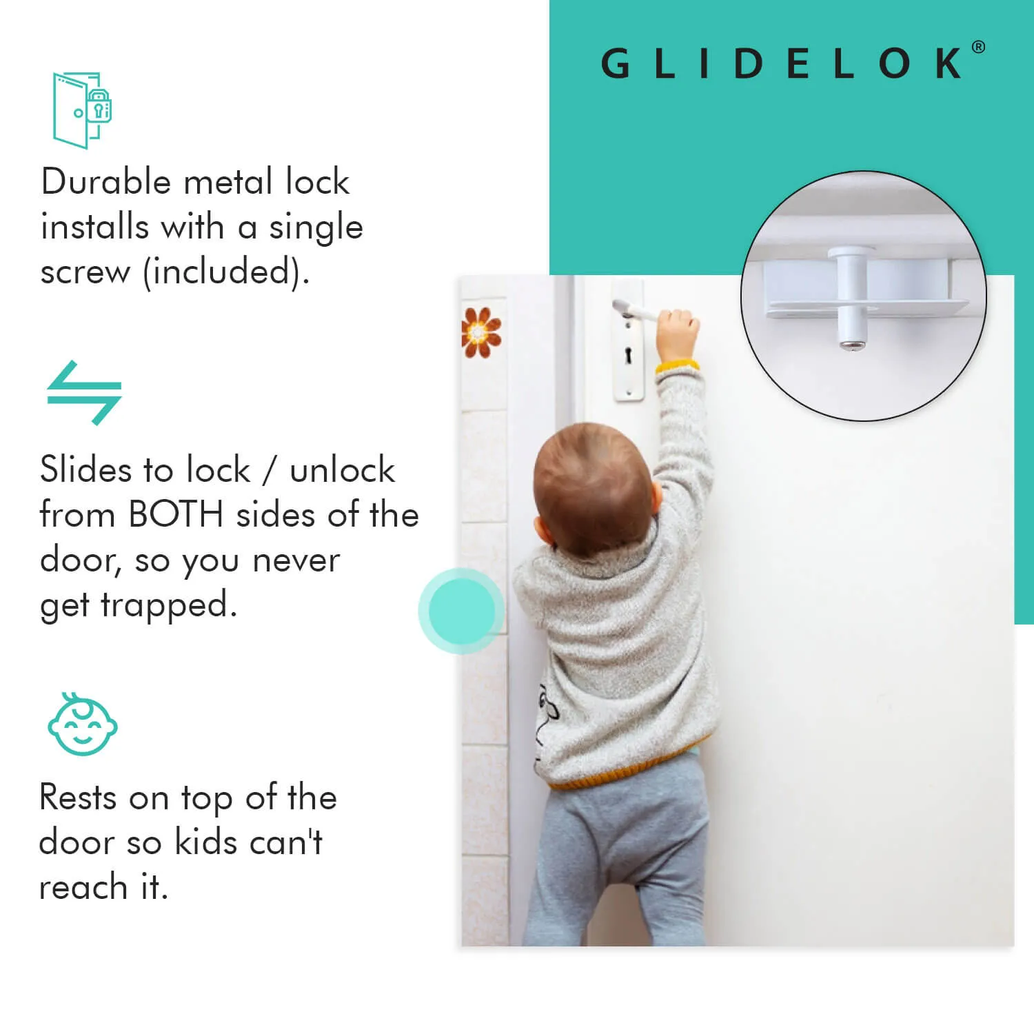 GLIDELOK CHILDPROOF DOOR LOCK - Works on Doors w/ Levers or Knobs