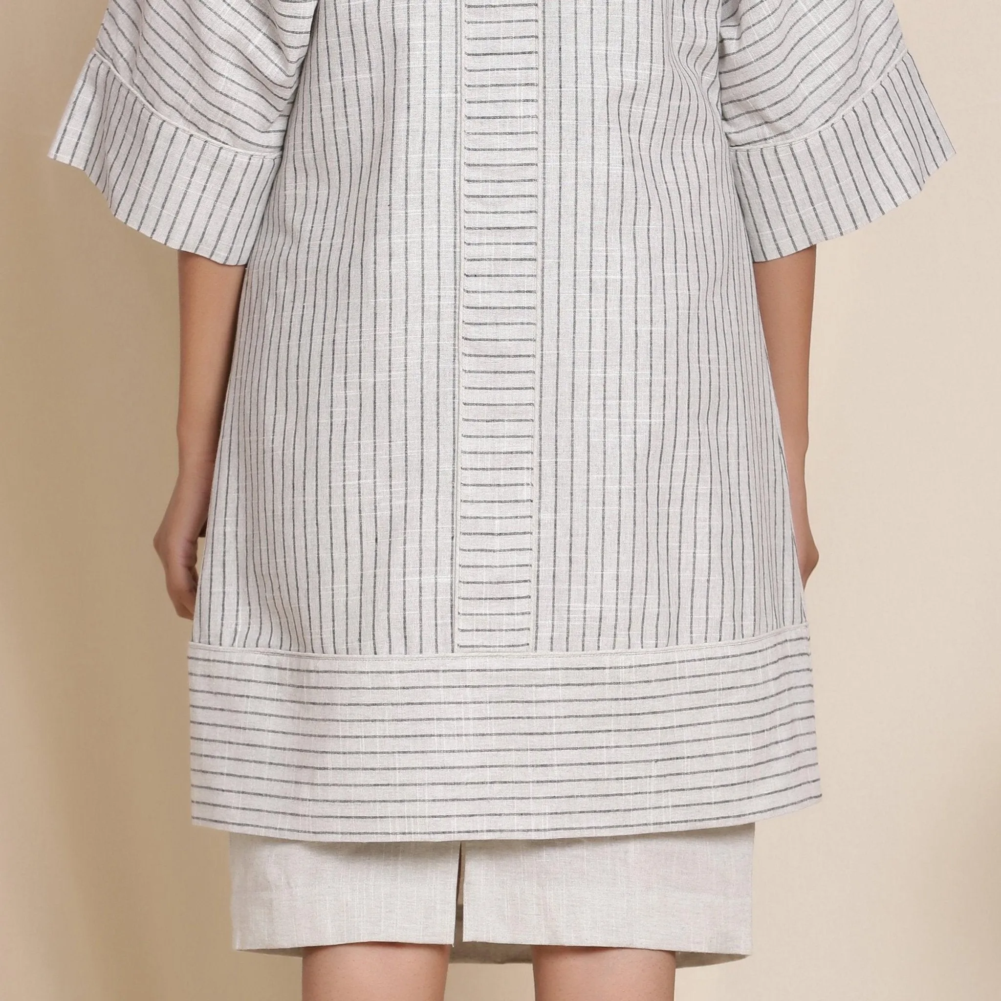 Grey Striped Cotton Front Open Paneled Overlay