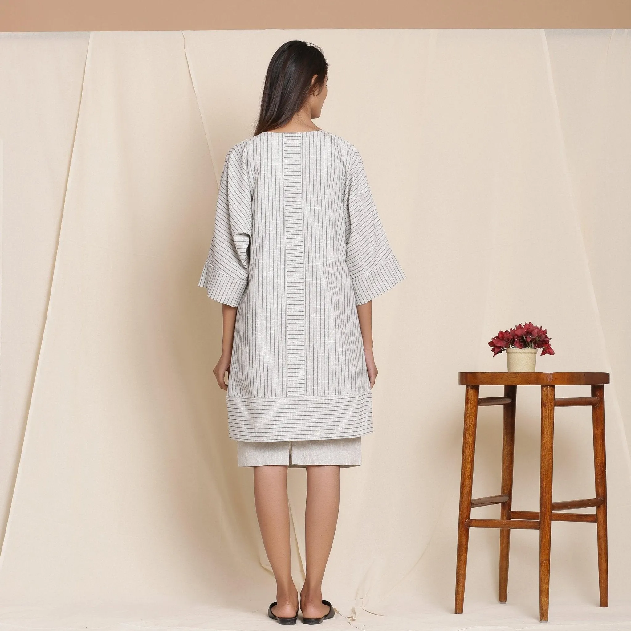 Grey Striped Cotton Front Open Paneled Overlay