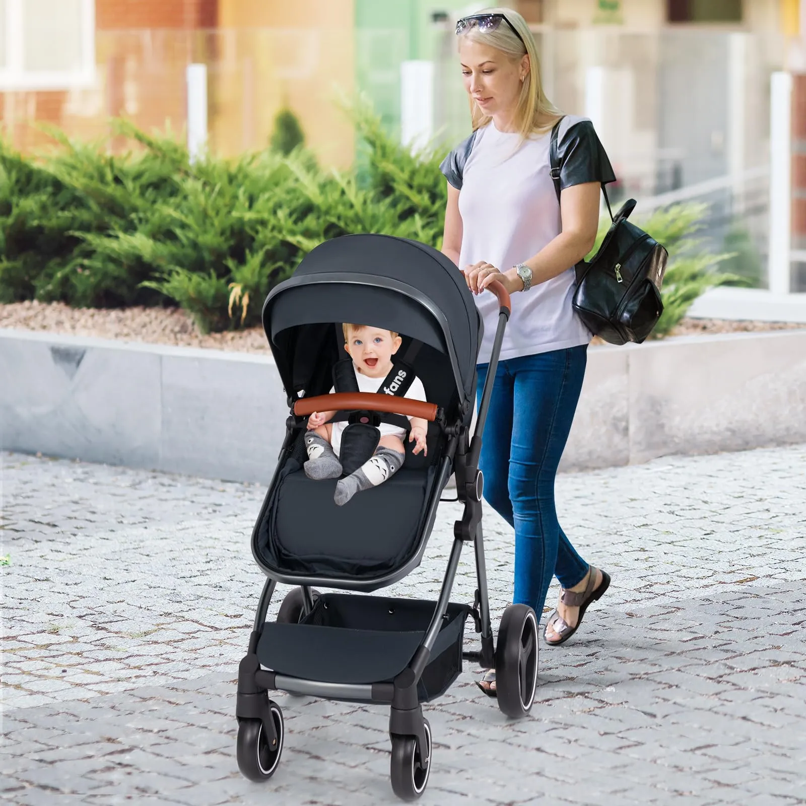 INFANS 2 in 1 High Landscape Convertible Baby Stroller, Newborn Reversible Bassinet Pram, Foldable Pushchair