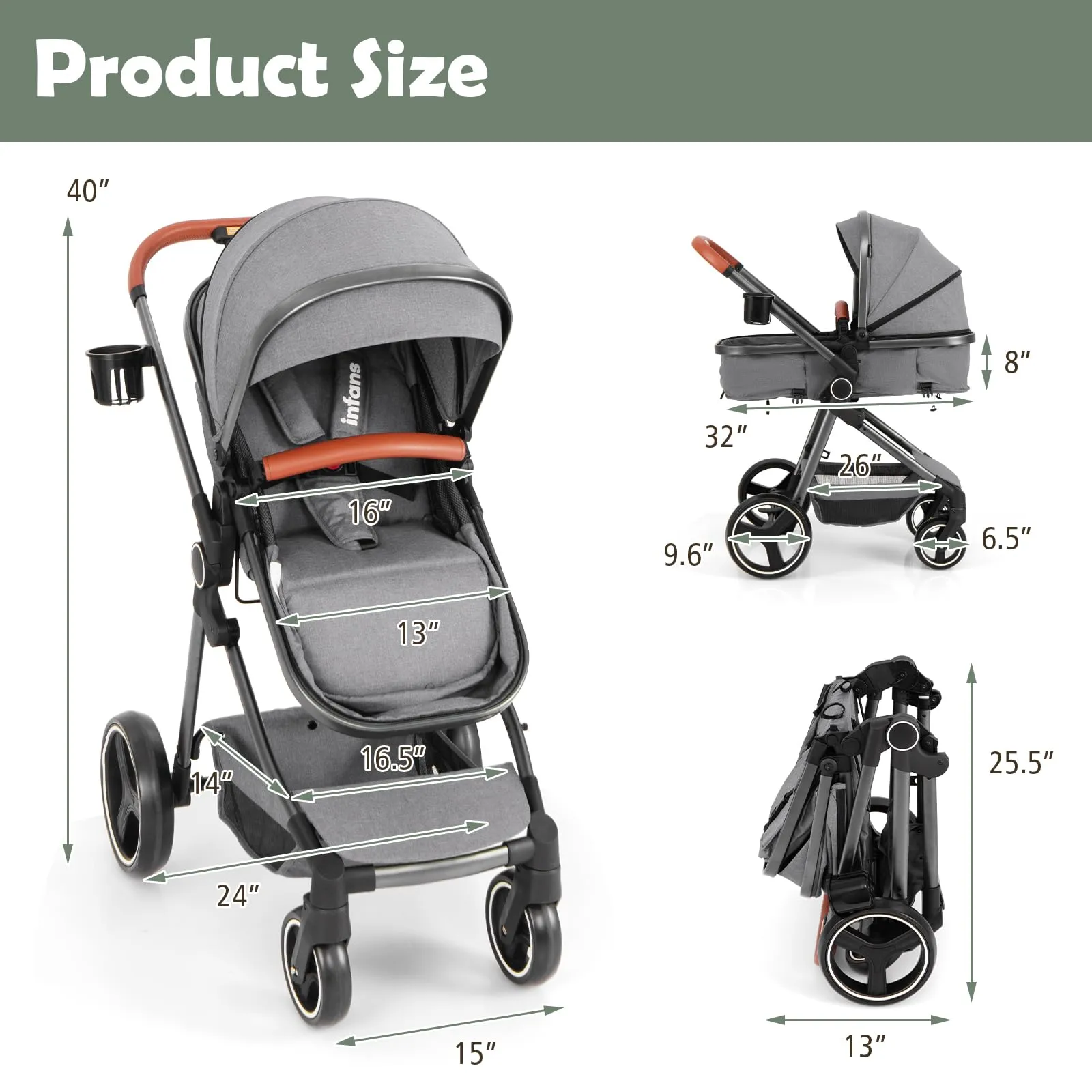 INFANS 2 in 1 High Landscape Convertible Baby Stroller, Newborn Reversible Bassinet Pram, Foldable Pushchair