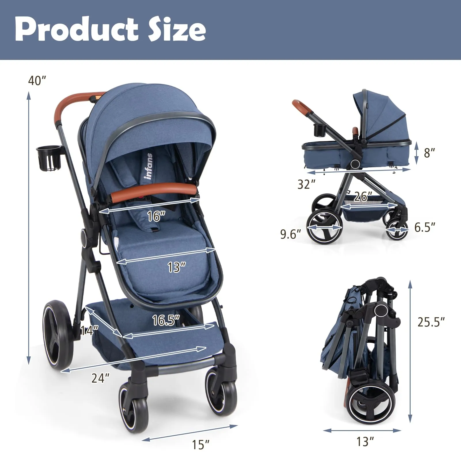 INFANS 2 in 1 High Landscape Convertible Baby Stroller, Newborn Reversible Bassinet Pram, Foldable Pushchair