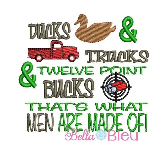 Men Ducks Trucks & 12 Point bucks reading pillow embroidery saying with Vintage Red truck, duck and some buck shots embroidery design