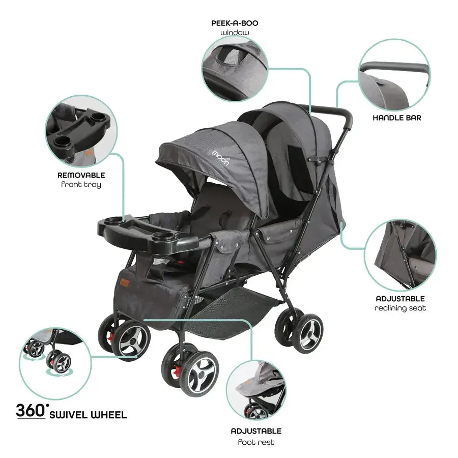 Moon Magnum Tandem Easy Fold Twin Travel Stroller (Black   Grey dots)