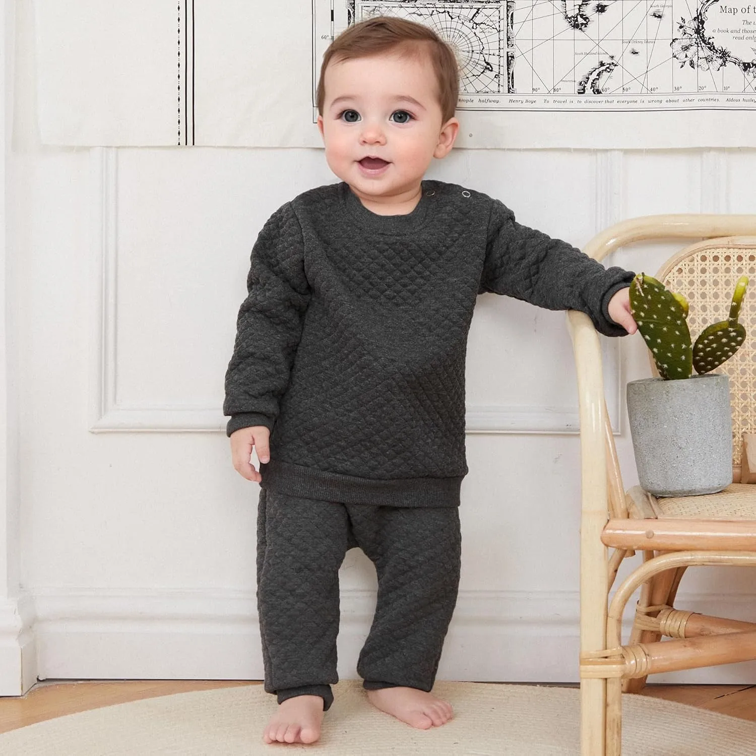 Newborn Baby Boy Girl Clothes Diamond Lattice Unisex Solid Outfit Long Sleeve Warm Pullover Pant Set