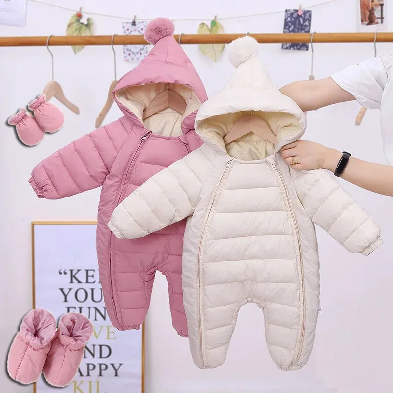 Newborn Baby Jumpsuit Hooded Plus Velvet Warm Baby Boys Snowsuit Toddler Snow Suit Baby Girl Cotton Overalls Rompers