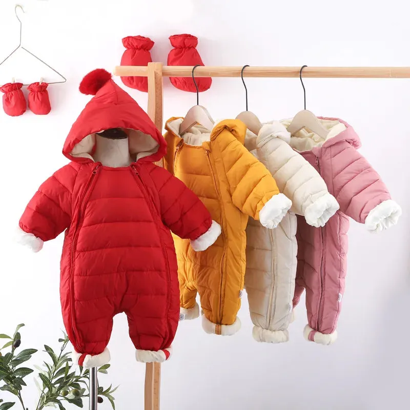 Newborn Baby Jumpsuit Hooded Plus Velvet Warm Baby Boys Snowsuit Toddler Snow Suit Baby Girl Cotton Overalls Rompers