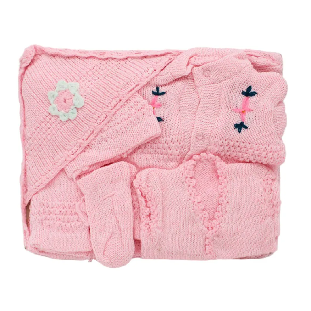 Newborn Baby Winter Sheep Wool Cute Flower Embroidered 6 Pcs Starter Set for 0-3 Months