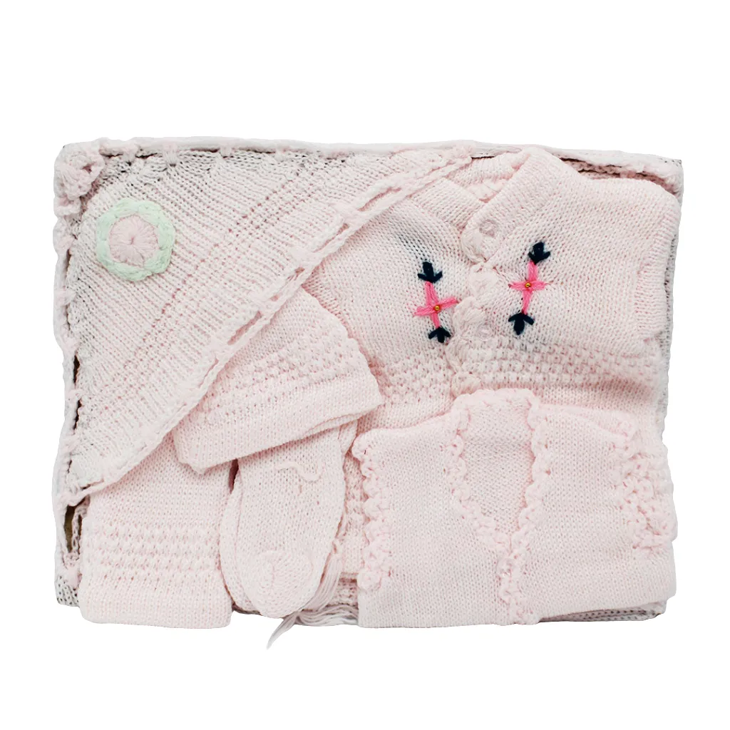 Newborn Baby Winter Sheep Wool Cute Flower Embroidered 6 Pcs Starter Set for 0-3 Months