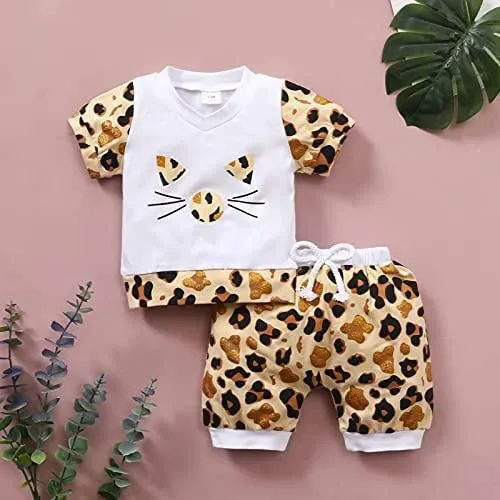 Newborn Infant Baby Girls Gilding Cat Tops Tee Leopard Shorts Set Outfits 20335180