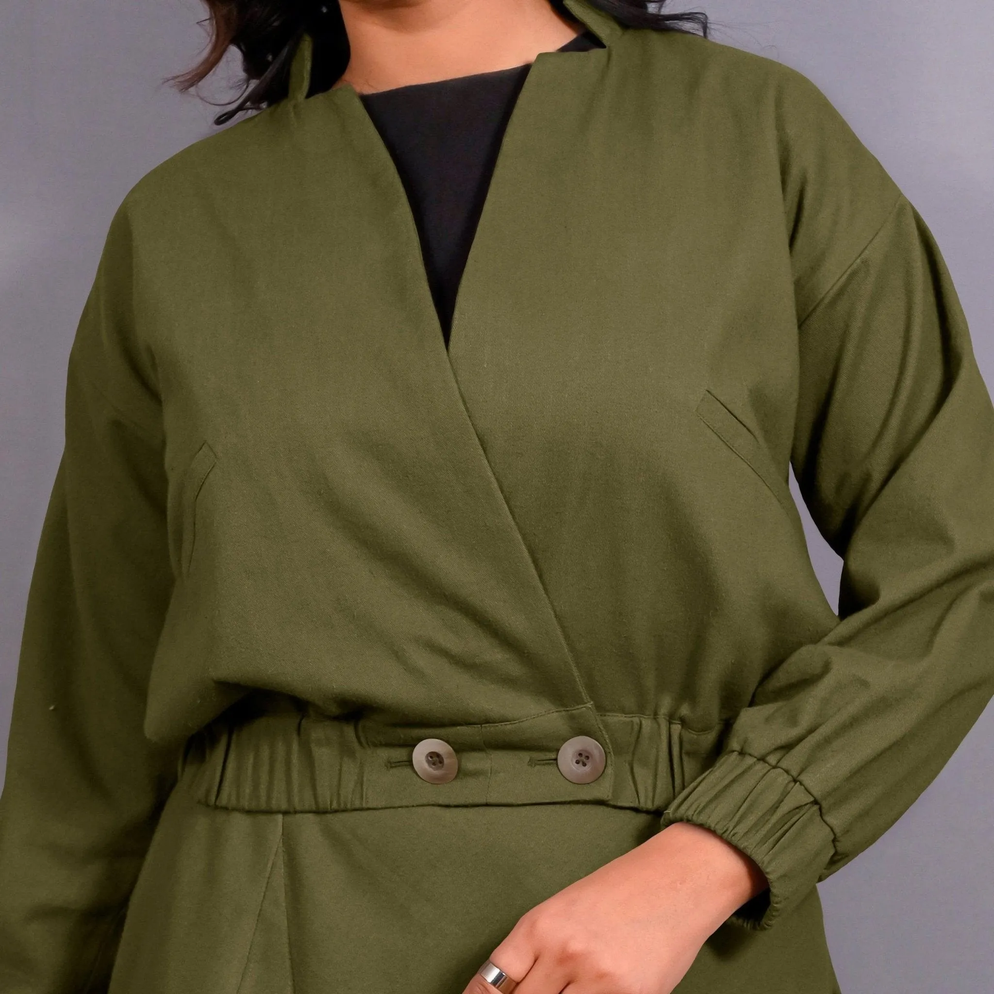 Olive Green Warm Cotton Flannel Double-Breasted Bomber Jacket