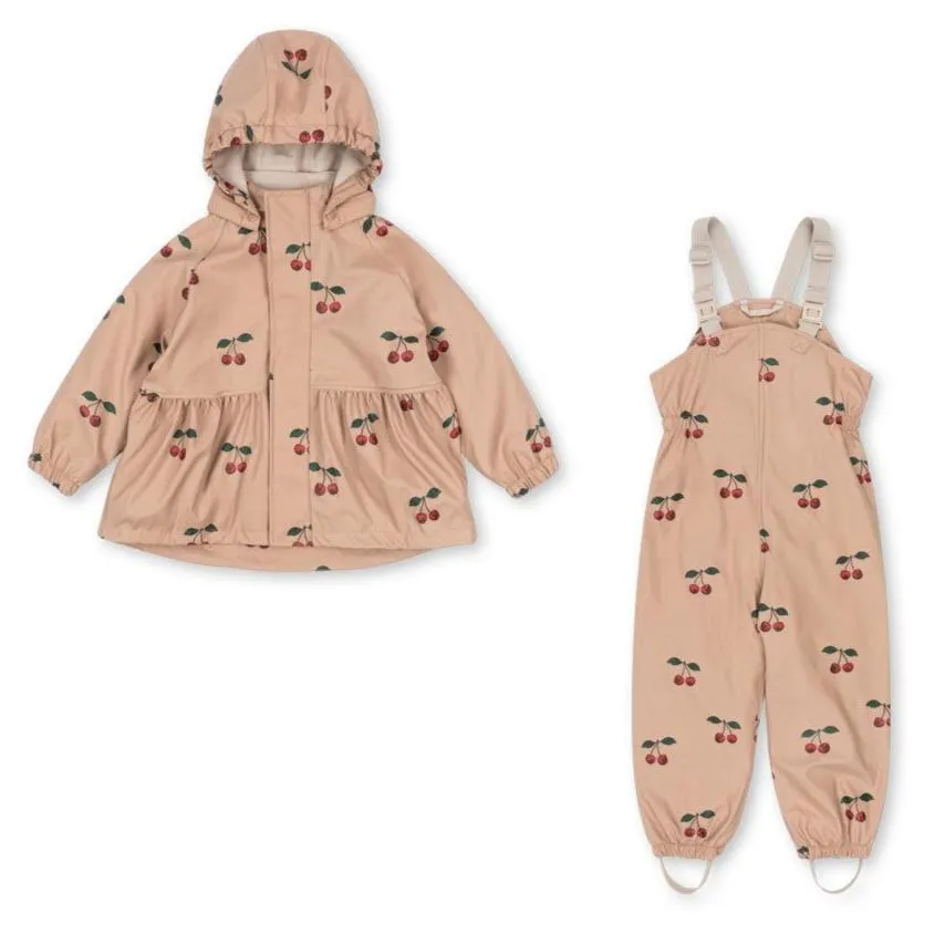 Palme Cherry Print Rainy Day Jacket and Overalls Set (Cerise)