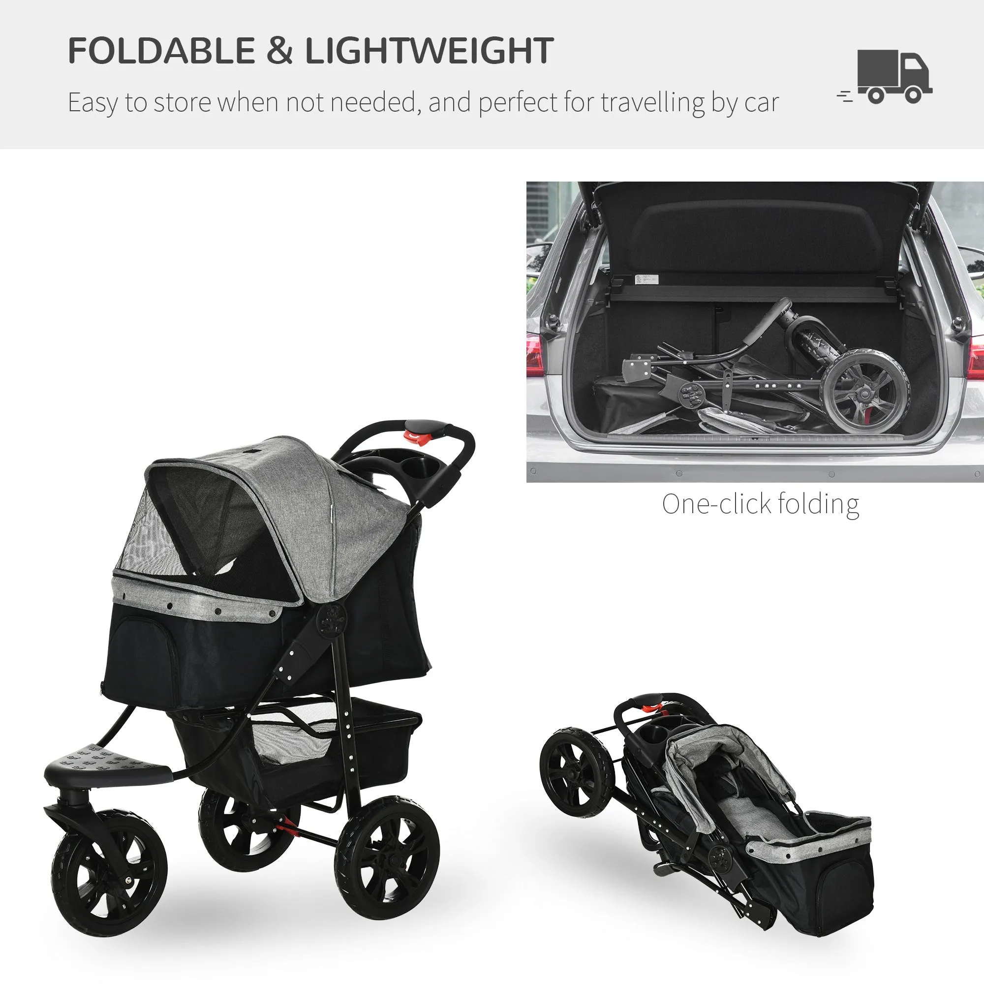 PawHut Folding 3 Wheel Pet Stroller Pushchair Travel w/ Adjustable Canopy Storage Brake Grey