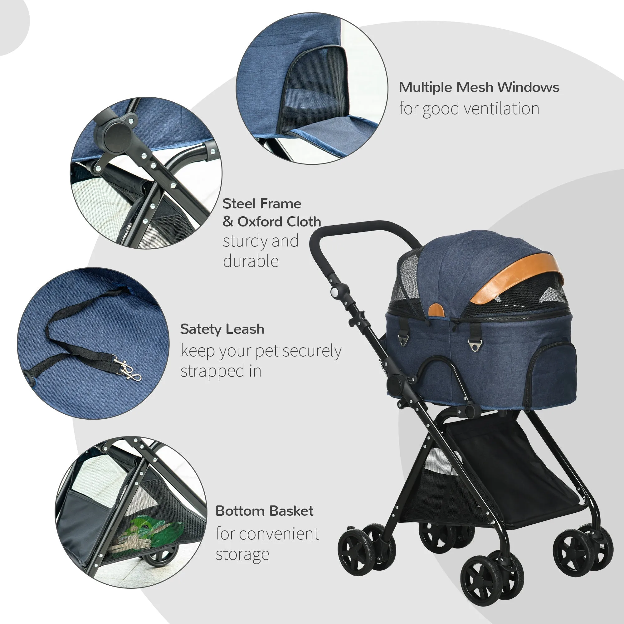 PawHut Luxury Folding Pet Stroller Removable Carrier Adjustable Canopy 4 Wheels Storage Bag Mesh Windows Brake for Small Miniature Dog Cat Blue