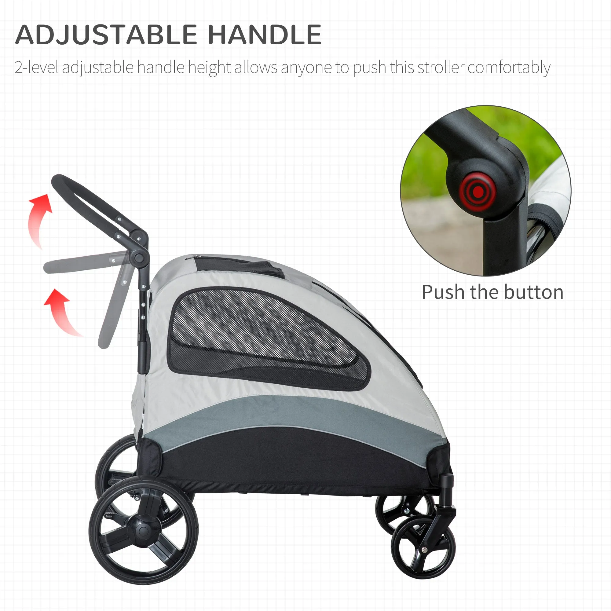 PawHut Pet Stroller for Medium Dogs Cat Pushchair Buggy Pram with 4 Wheels Safety Leash Zipper Doors Mesh Windows Storage Bag - Grey