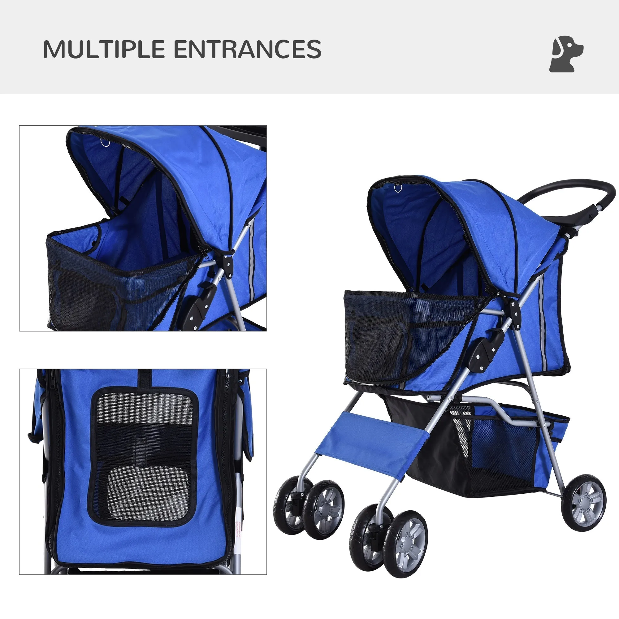 PawHut Pet Stroller for Small Miniature Dogs Cats Foldable Travel Carriage with Wheels Zipper Entry Cup Holder Storage Basket Blue