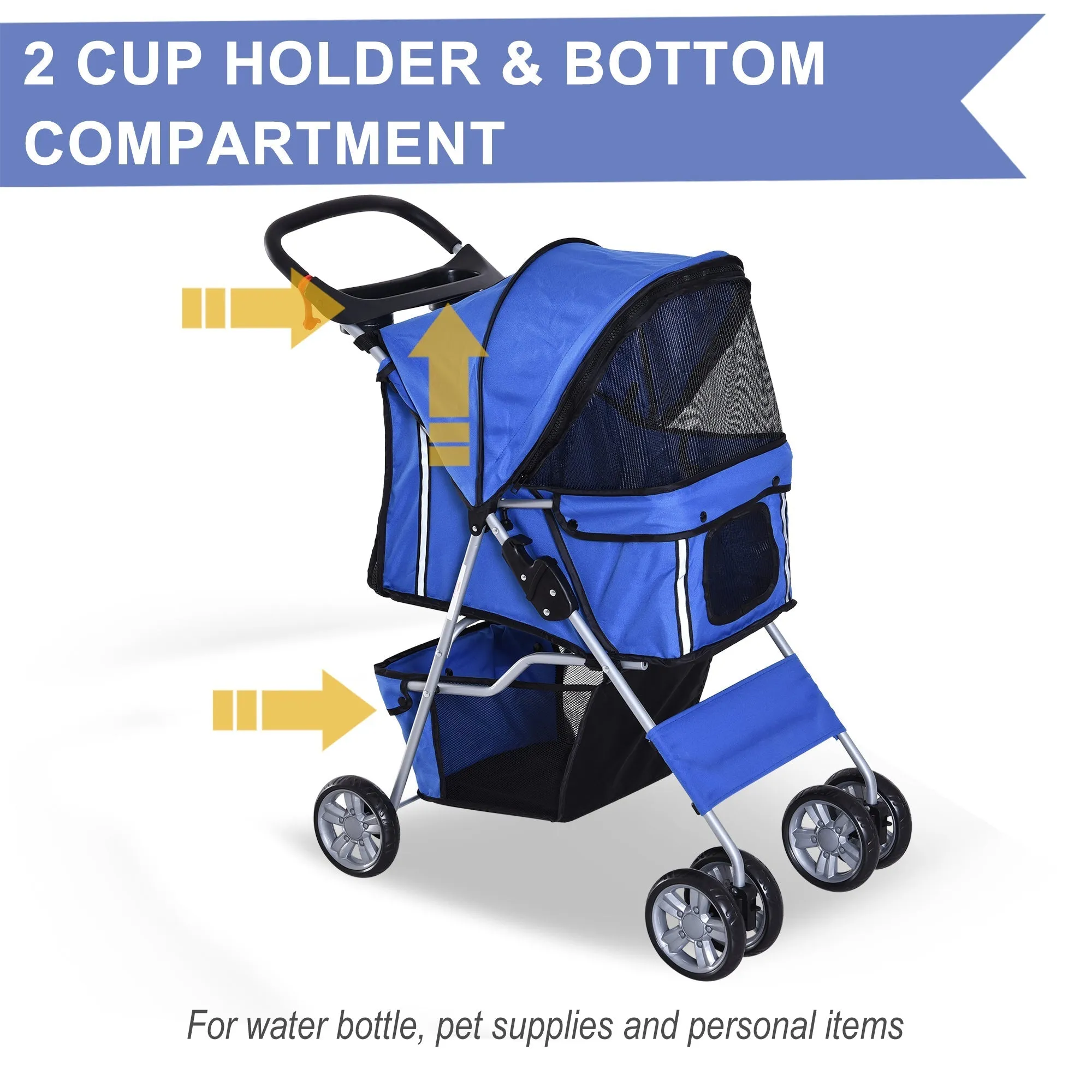 PawHut Pet Stroller for Small Miniature Dogs Cats Foldable Travel Carriage with Wheels Zipper Entry Cup Holder Storage Basket Blue