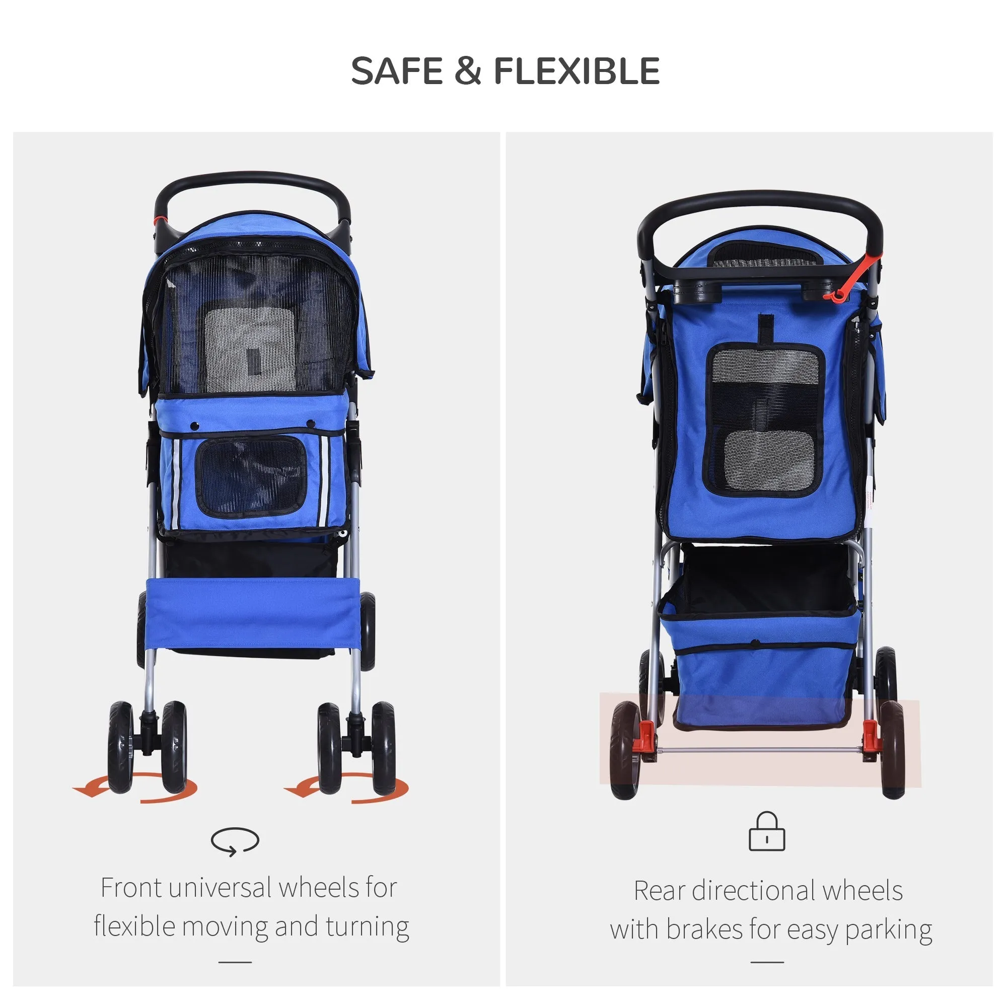 PawHut Pet Stroller for Small Miniature Dogs Cats Foldable Travel Carriage with Wheels Zipper Entry Cup Holder Storage Basket Blue