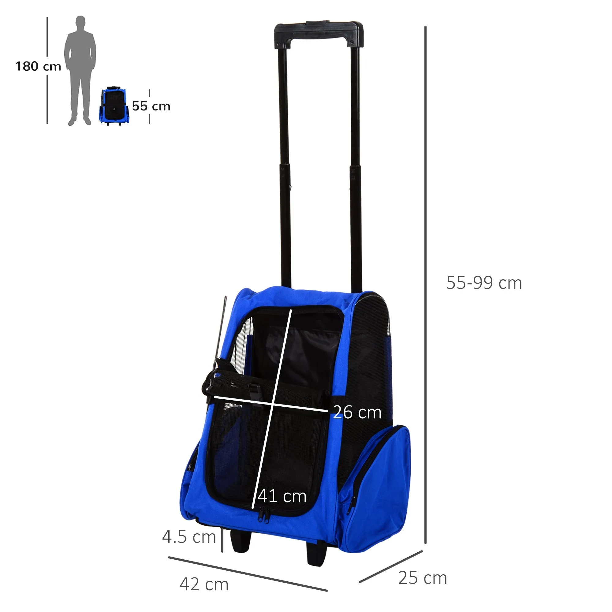 PawHut Pet Travel Backpack Bag Cat Puppy Dog Carrier w/ Trolley and Telescopic Handle Portable Stroller Wheel Luggage Bag Blue