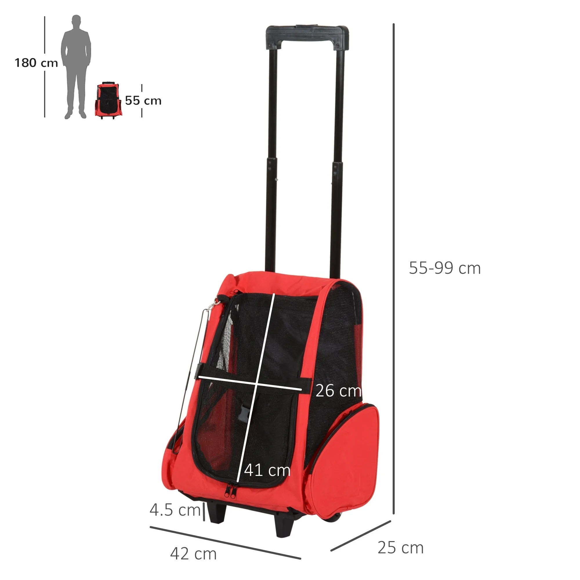 PawHut Pet Travel Backpack Bag Cat Puppy Dog Carrier w/ Trolley and Telescopic Handle Portable Stroller Wheel Luggage Bag (Red)