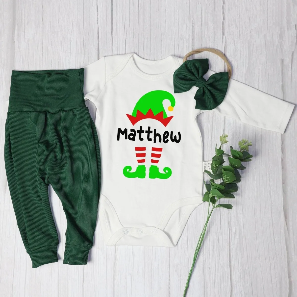 Personalized Christmas Elf Baby Onesie and Long Pants Set | Custom Elf Squad Onesie Bodysuit