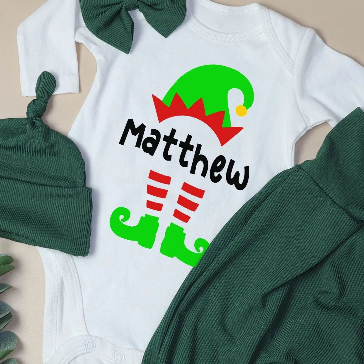 Personalized Christmas Elf Baby Onesie and Long Pants Set | Custom Elf Squad Onesie Bodysuit