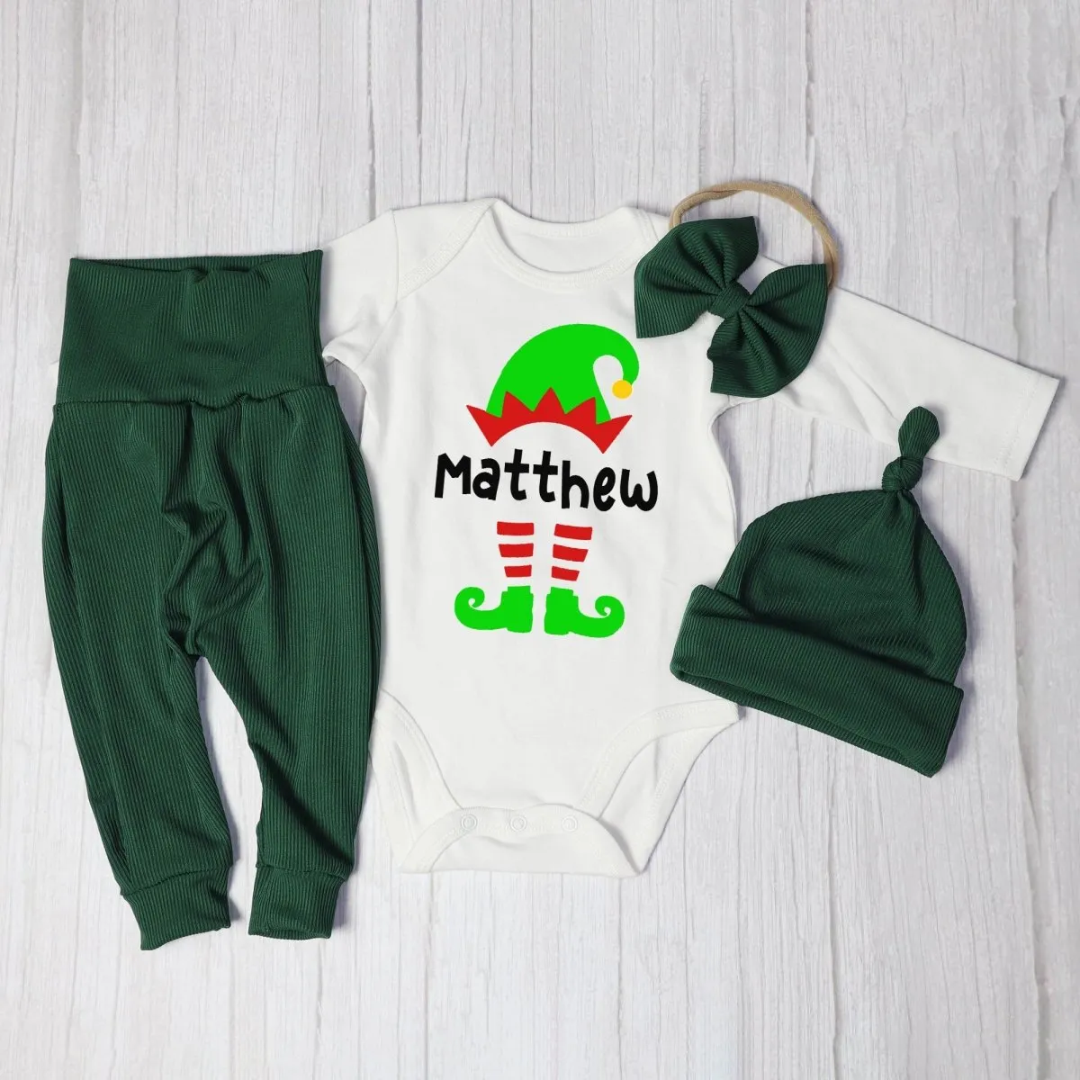 Personalized Christmas Elf Baby Onesie and Long Pants Set | Custom Elf Squad Onesie Bodysuit