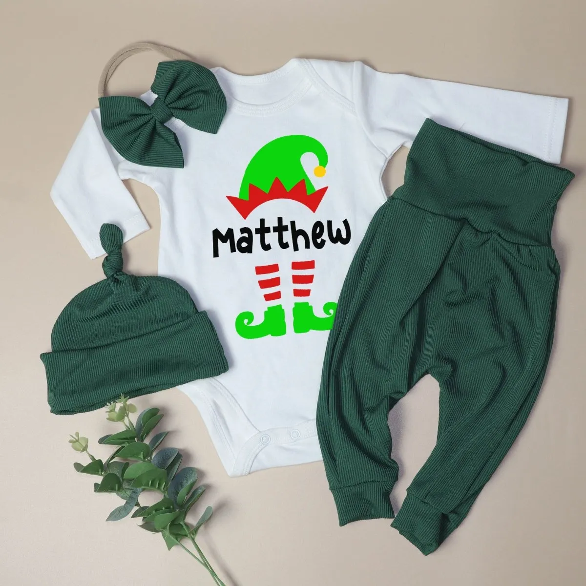 Personalized Christmas Elf Baby Onesie and Long Pants Set | Custom Elf Squad Onesie Bodysuit