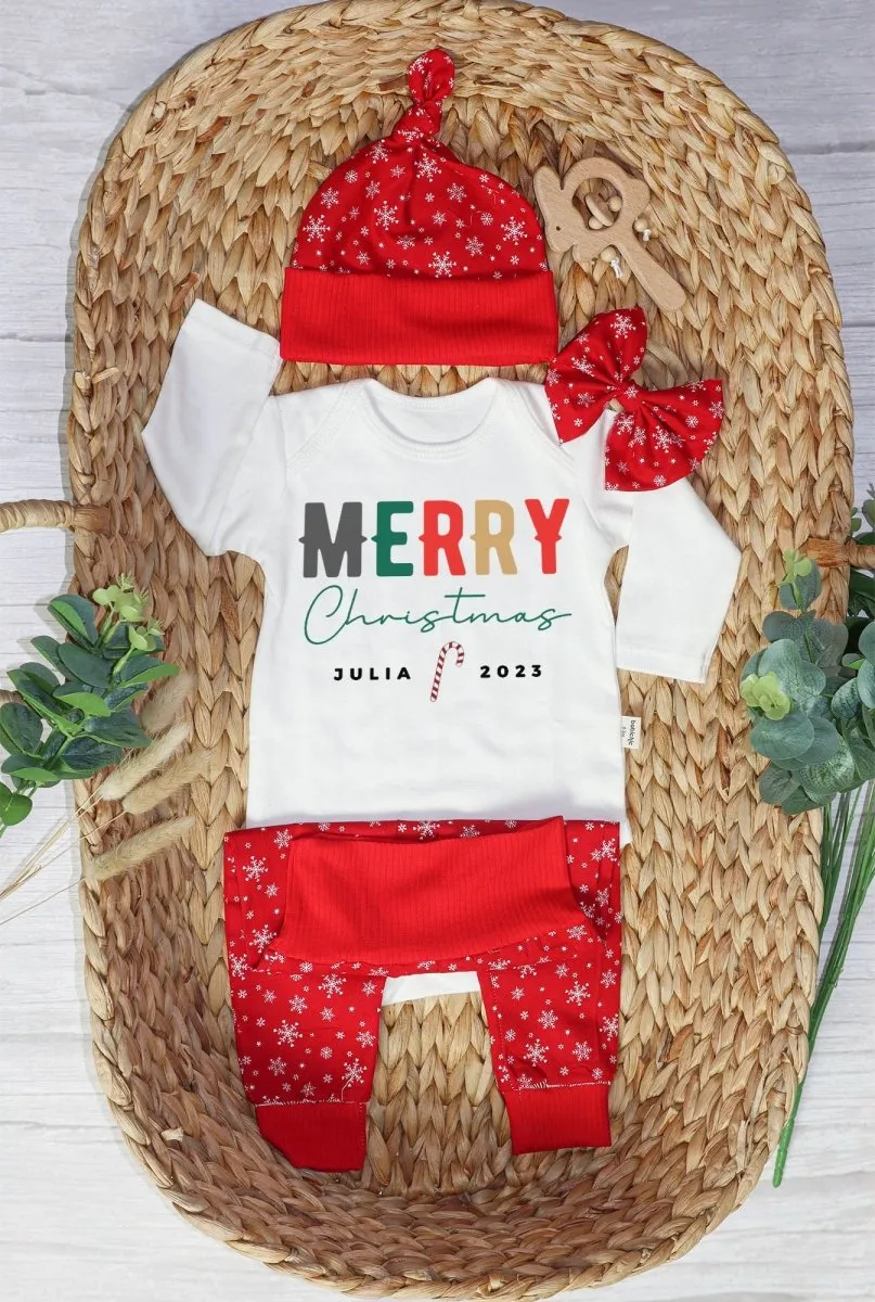 Personalized Christmas Neutral Long Sleeve Bodysuit and Long Pants Set | Custom Baby Onesies Merry Christmas Shitter's Full Baby Name