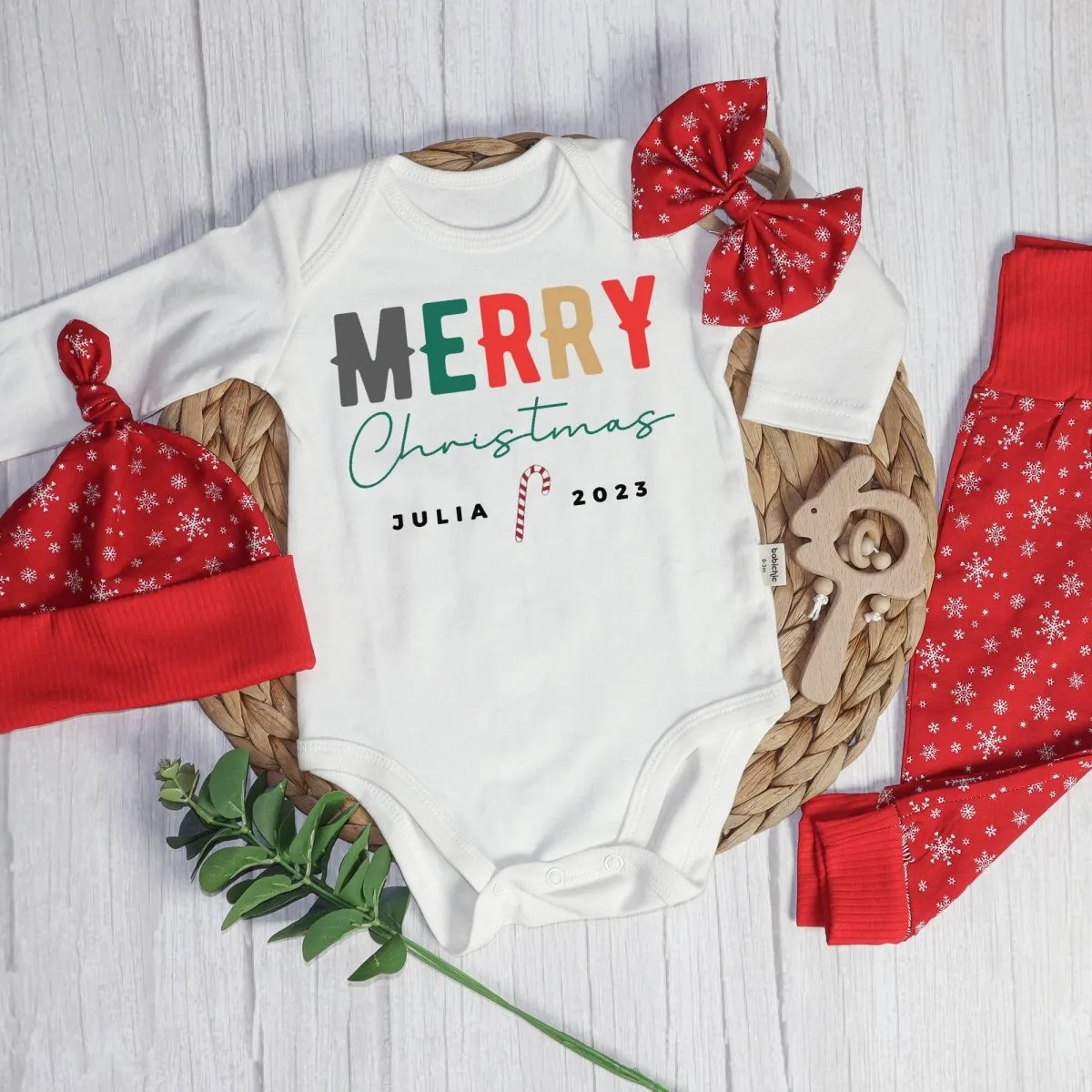 Personalized Christmas Neutral Long Sleeve Bodysuit and Long Pants Set | Custom Baby Onesies Merry Christmas Shitter's Full Baby Name