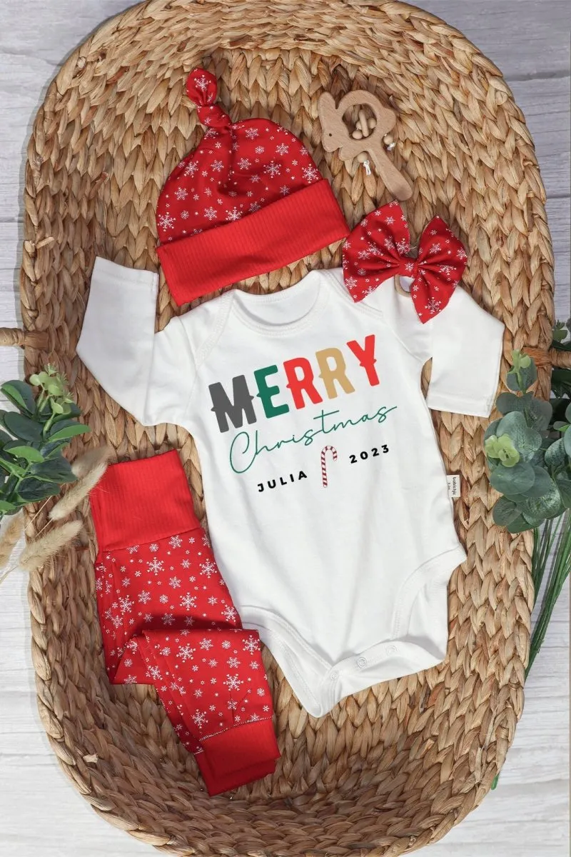 Personalized Christmas Neutral Long Sleeve Bodysuit and Long Pants Set | Custom Baby Onesies Merry Christmas Shitter's Full Baby Name