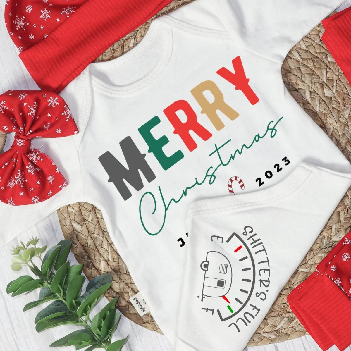 Personalized Christmas Neutral Long Sleeve Bodysuit and Long Pants Set | Custom Baby Onesies Merry Christmas Shitter's Full Baby Name